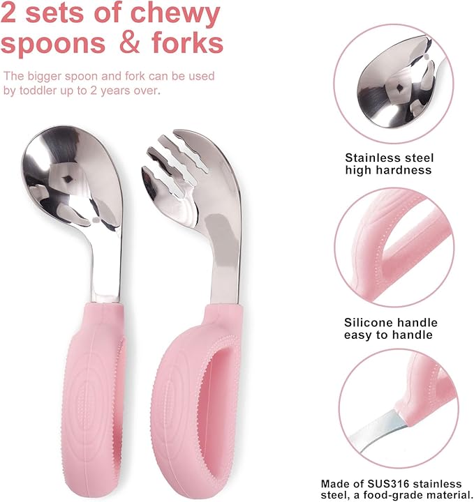 BleshiFashi Toddler Training Utensils -Silicone Easy-Grip Handles Baby Forks and Spoons Pink Set-Kids Stainless Steel Silverware-Self Feeding&Children Safe-Dishwasher Safe