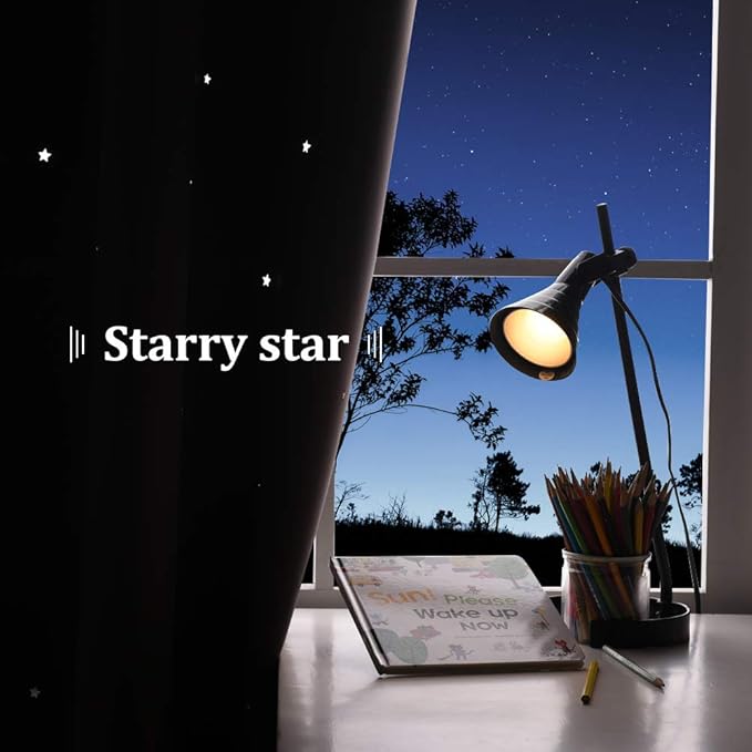 NICETOWN Magic Starry Window Drapes - Laser Cutting Stars Nap Time Blackout Window Curtains for Children's Room, Nursery, Themed Home, Space-Lovers Decor (W42 x L63 inches, 2 Pack, Black)