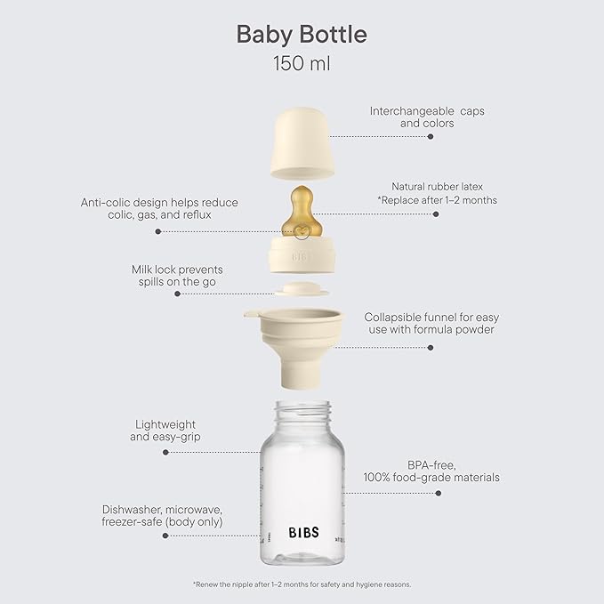 BIBS Baby Bottle 5 oz / 150 ml Natural Rubber Latex Nipple - Anti-Colic, BPA-Free, Round Nipple, Slow Flow, Lightweight & Easy to Clean, Suitable for Newborns 0+ Years - Sage