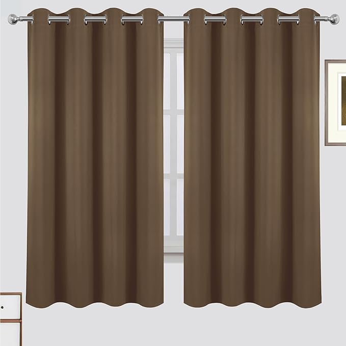 LEMOMO 100% Blackout Curtains 52 x 63 Inch Cappuccino Curtains 2 Panels Darkening Thermal Insulated Bedroom Curtains