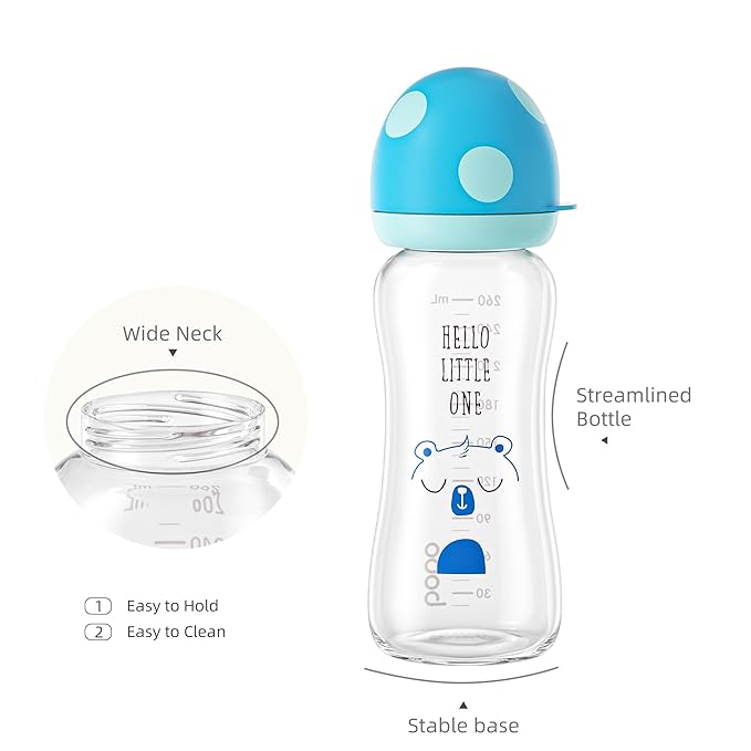 YOHKOH Natural Glass Baby Bottle with Level 2 Medium Flow Nipple, Newborn Anti-Colic Baby Bottles, Wide Neck Mushroom Baby Glass Bottle (8.8ounce (Pack of 2), Blue1)