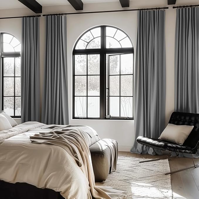 INOVADAY 100% Blackout Curtains for Bedroom, Black Out Curtains 84 Inch Long, Clip Rings Linen Blackout Drapes, Thermal Insulated Room Darkening for Living Room, 2 Panels - DarkgreyW50xL84