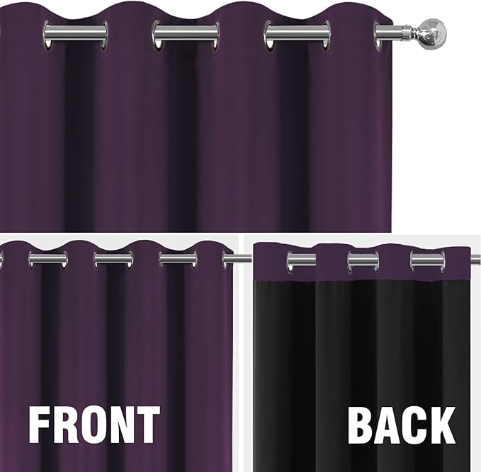 LEMOMO 100% Blackout Curtains 52 x 63 Inch Purple Curtains 2 Panels Darkening Thermal Insulated Bedroom Curtains