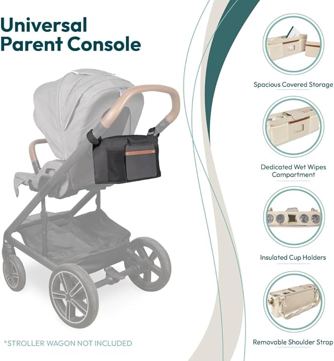 WONDERFOLD Universal Parent Console Stroller Organizer with Insulated Cup Holders, Hook & Loop Closure Handle Attachment, 2 Storage Pockets, Removable Shoulder Strap for Easy Transport