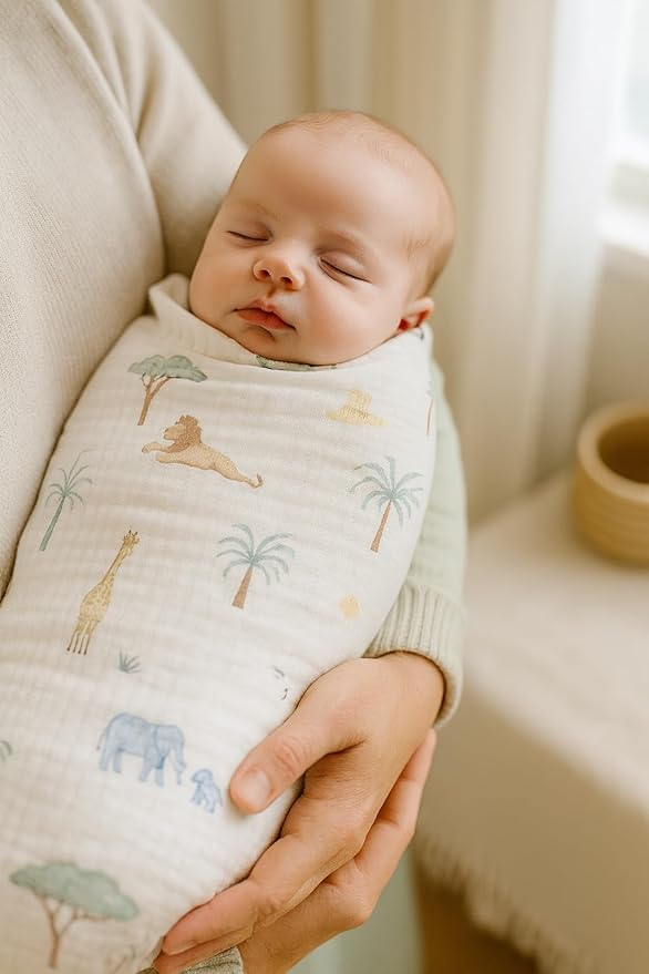 Soft 100% Cotton Swaddles for Newborns, 2- Pack - Large, Breathable Baby Blanket - Versatile, Durable Muslin Swaddle Blankets - Perfect Newborn Essentials (Safari/Green)