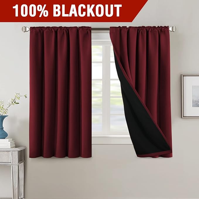 H.VERSAILTEX 100% Blackout Curtains for Bedroom with Black Liner Full Room Darkening Curtains 54 Inches Long Thermal Insulated Back Tab/Rod Pocket Window Drapes for Living Room, 2 Panels, Burgundy