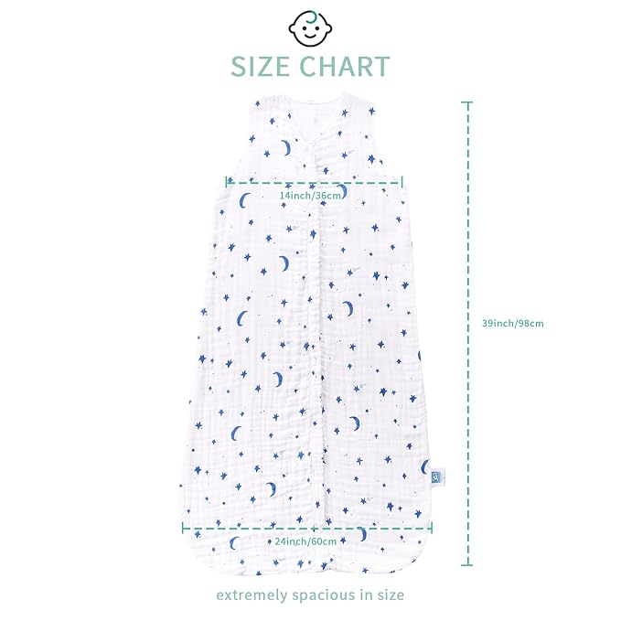 TADO MUSLIN Toddler Sleep Sack 2-4T, 0.5 TOG Lightweight Wearable Blanket, 100% Organic Cotton Muslin, Sleeveless, 2-Way YKK Zipper, OEKO-TEX Certified, Star Moon