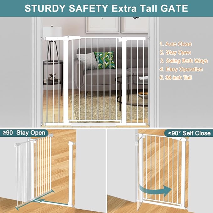 Fairy Baby 38" Extra Tall Dog Gate for Stairs and Doorways, 54.4"-57.0" Extra Wide Pet Gate, Metal Auto Close Safety Child Gate, Pressure Mounted Dog Gate No Climb Fence for Kid or Pet, White