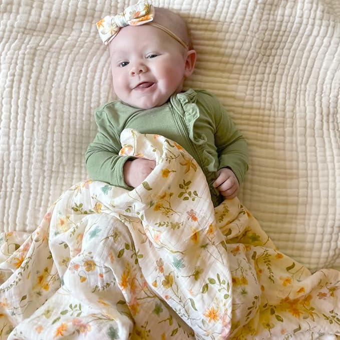 LifeTree Muslin Swaddle Blankets for Baby Girl, 2-Pack 70% Viscose from Bamboo and 30% Cotton Large Swaddle Blankets (47" x 47"), Floral & Dusty Pink Checkered