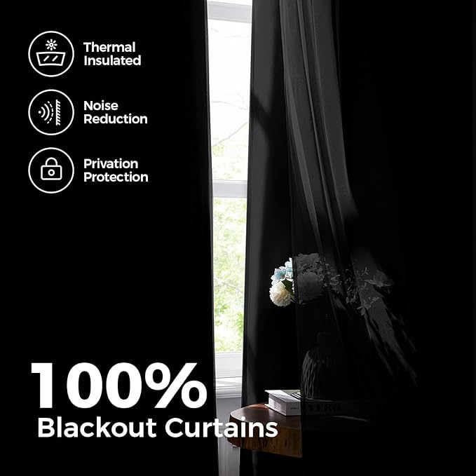 100% Blackout Curtains for Bedroom, Double Layer Black Curtains, Black Out Curtain 63 inch Long with Sheer Overlay for Living Room, Room Darkening Window Drapes with Grommet, 52" W x 63" L