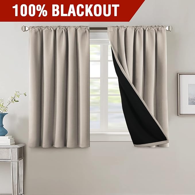 H.VERSAILTEX 100% Blackout Curtains for Bedroom with Black Liner Full Room Darkening Curtains 45 Inch Long Thermal Insulated Back Tab/Rod Pocket Window Drapes for Living Room, 2 Panels, Natural Sand