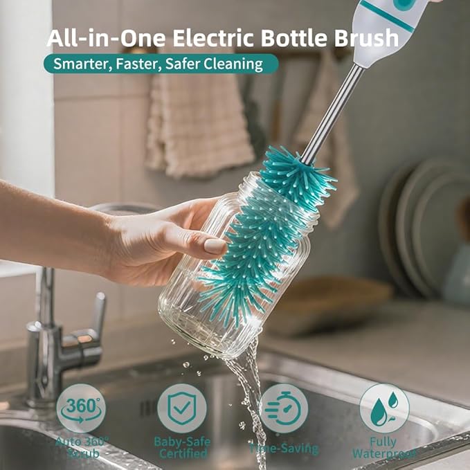 PARTNERJOY 6-in-1 Electric Baby Bottle Cleaner Kit - Rechargeable 360° Rotation Brush with 2-Speed Modes, Silicone/Nipple/Straw Brushes, Formula Mixer & Drying Rack for Home/Travel