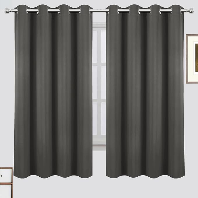 LEMOMO 100% Blackout Curtains 52 x 63 Inch Grey Curtains 2 Panels Darkening Thermal Insulated Bedroom Curtains