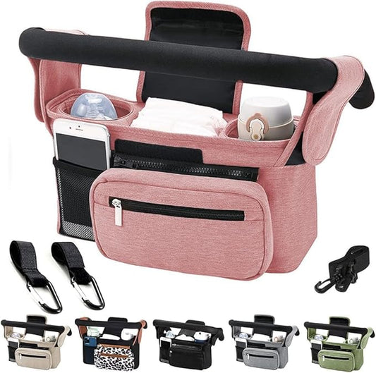 Baby Stroller Organizer, Universal Stroller Organizer with Detachable Phone Bag, Stroller Caddy with 2 Insulated Cup Holders, Buggy Organizer Bag with 2 Hooks Fits Most Strollers (Pink)
