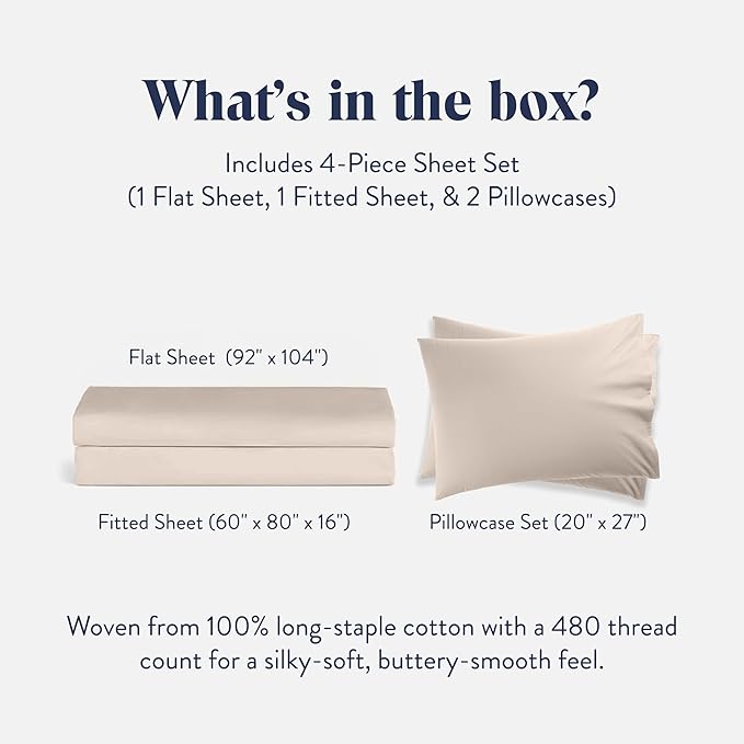 Brooklinen Luxury Sateen 4 Piece Sheet Set - 100% Cotton Bed Sheets, Soft & Durable Queen Size Sheets Set in Pebble, Oeko-TEX Certified Bedding Set, 1 Fitted Sheet, 1 Flat Sheet, 2 Pillowcases