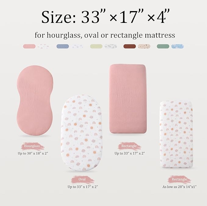 Organic Cotton Muslin Bassinet Sheets, 2 Pack – Soft, Breathable, Universal Fit for Oval, Rectangle & Hourglass Mattresses, Machine Washable, Neutral Colors for Baby Boys & Girls