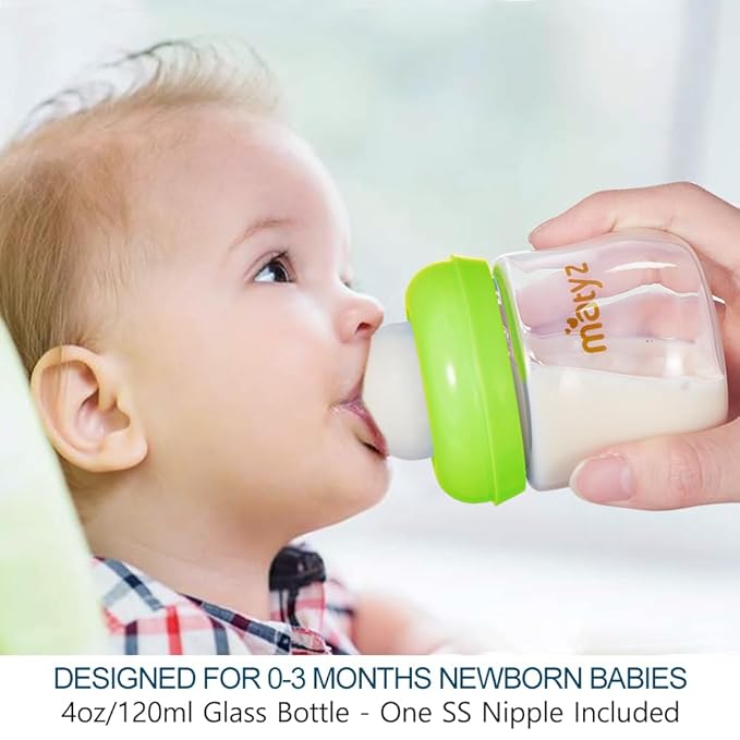 Matyz 1-Pack Glass Baby Breastfeeding Bottle with Cap (Green, 4Oz) - Wide Neck New Born Bottles for Baby Breastfeeding Bottles for Newborn Babies - Glass Baby Bottles Breastfeeding Bottles with Lids
