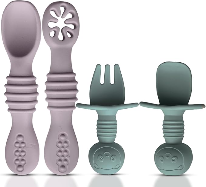 HippoBaby 4pc Silicone Baby Spoons Self Feeding Baby Utensils 6-12 Months - 3 Baby Spoon - 1 Baby Fork - Toddler Cutlery Set - BPA Free, Dishwasher Safe, Baby Eating Essentials (Light pink/Army Green)