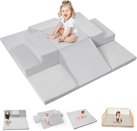 6-Piece Foam Climbing Blocks for Toddlers, Climb and Crawl Soft Foam Play Set with 47x47 Inch Baby Play Mat for Floor, Machine Washable Cover, Soft Climbing Toys for Toddlers 1-3 (Gray)