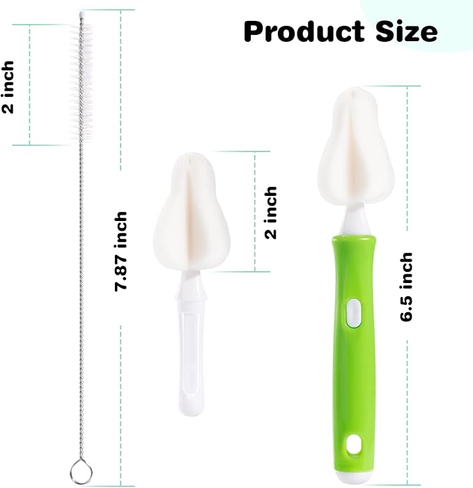 10 Pcs Sponge Bottle Nipple Brushes,4 Sponge Nipple Brushes for Baby Bottles, 4 Replacement Heads and 2 Pcs 7.87" Straws for Cleaning,Green
