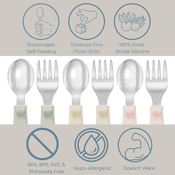 Ali+Oli Toddler Utensils Set (6 Pack) – Stainless Steel Kids Silverware with Soft Silicone Handles, BPA Free Baby Forks and Spoons, Durable Children Flatware Dishwasher Safe for Self Feeding (Hearts)