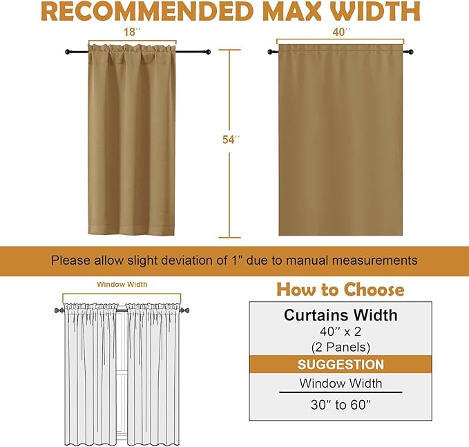 Aiyufeng Gold Short Blackout Curtains for Bedroom 54 Inches Long 2 Panels Set, Solid Thermal Insulated, Energy Saving Window Treatment Curtains Blackout Drapes, W40 x L54 Inch, Gold