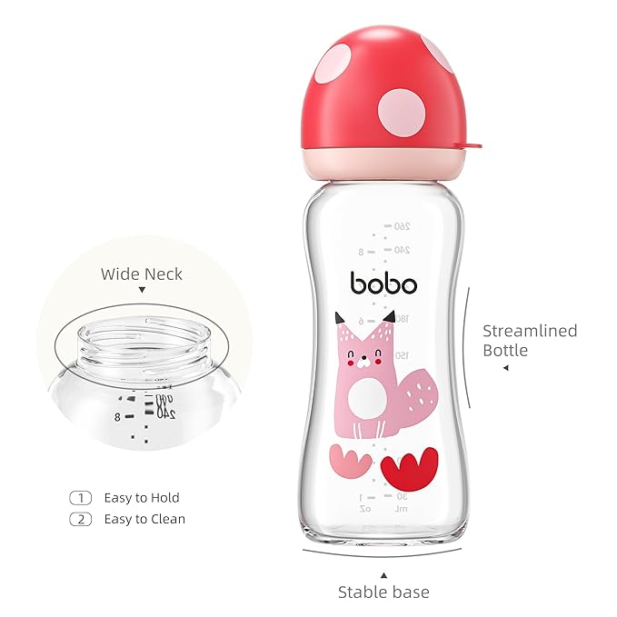 YOHKOH Natural Glass Baby Bottle with Level 2 Medium Flow Nipple, Newborn Anti-Colic Baby Bottles, Wide Neck Mushroom Baby Glass Bottle (8.8ounce (Pack of 2), Red2)