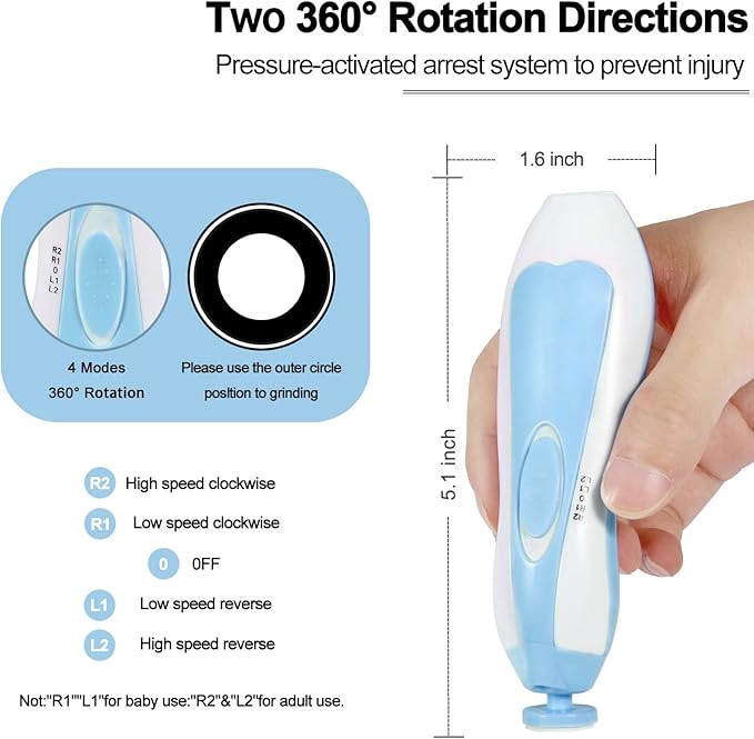 Baby Nail Trimmer Electric, Low Noise Newborn Safe Nail Clipper Kit with Light and Replaceable 6 Grinding Heads, Hand-Holding Care Polish and Trim for Infant Toddler Adults Toes Fingernails, Blue