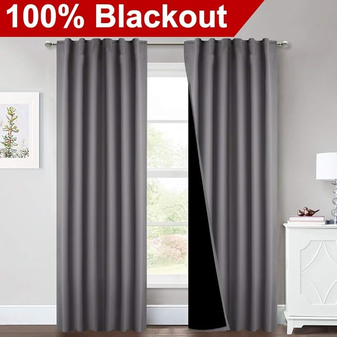 NICETOWN Total Shade Room Warming Curtains and Draperies, Heavy-Duty Full Light Shading Drapes with Black Liner Backing for Villa/Hall/Dorm Window（Gray, Package of 2, 52-inch Wide x 95-inch Long