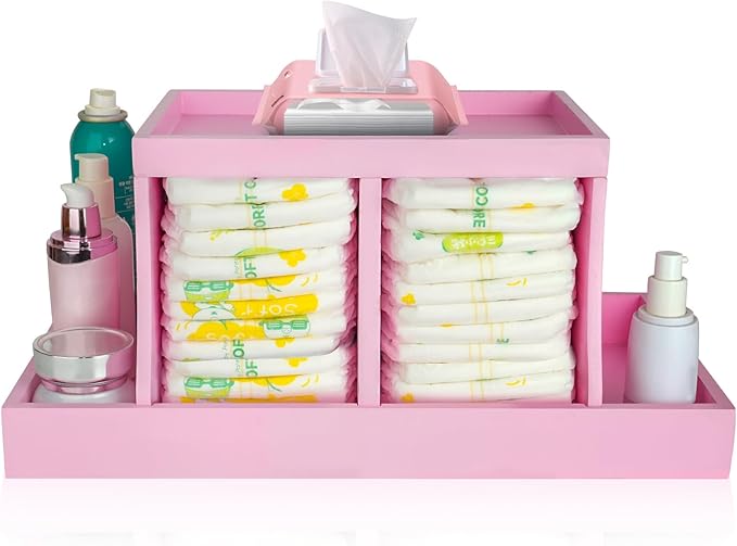 Diaper Caddy Organizer, Changing Table Organizer, Wooden Diaper Organizer for Nursery, Baby Diaper Storage Organizer with Removable Dividers (Pink, Rectangular Size)
