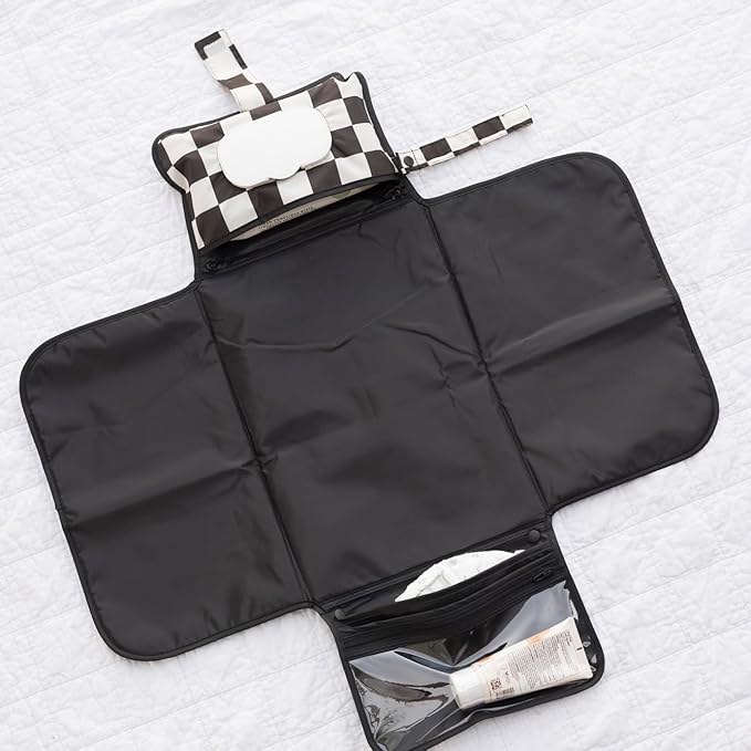 Tiny Twinkle Portable Diaper Changing Pad | Waterproof, Wipeable & Compact Baby Changing Pad for Travel | Smart Wipes Pocket & Organized Storage| Newborn Shower Gift (Black Checkers)