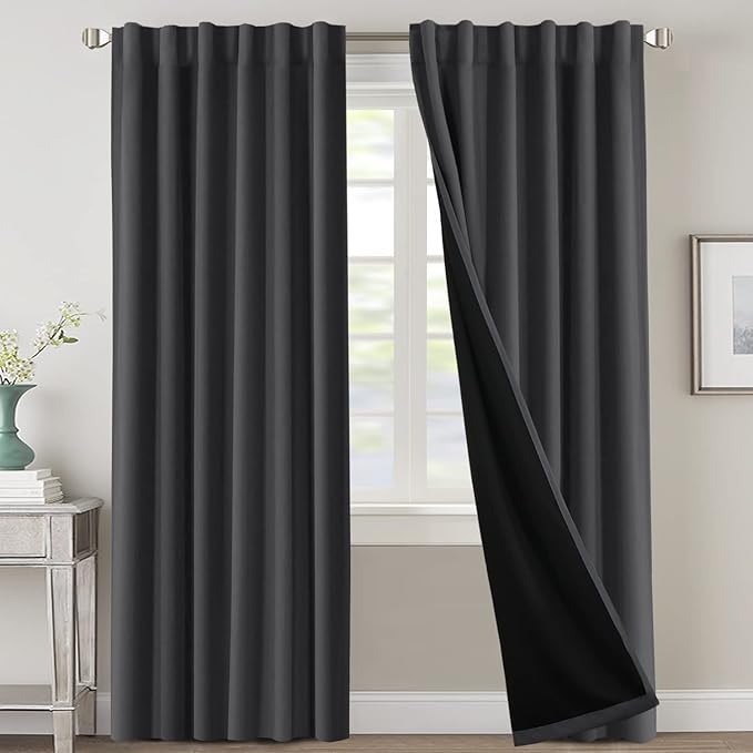 H.VERSAILTEX 100% Blackout Curtains for Bedroom with Black Liner Full Room Darkening Curtains 96 Inch Long Thermal Insulated Back Tab/Rod Pocket Window Drapes for Living Room, 2 Panels, Charcoal Grey