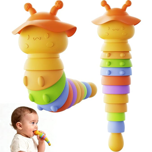 Baby Teething Toy, Caterpillar Silicone Baby Teether Rattle Toys, BPA-Free Sensory Development & Color Recognition Learning for 0 6 10 12 18 Babies Toddler Teething Relief LC1