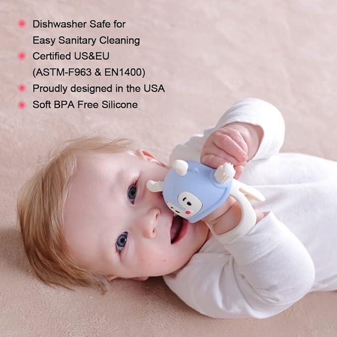 Smily Mia Reindeer Organic Baby Toys 0-6Months, Mitten for 3-6Months, Easy to Hold Stem with Chewing Nubs for Teething Pain Relief for 6-12Months Babies, Ocean Blue