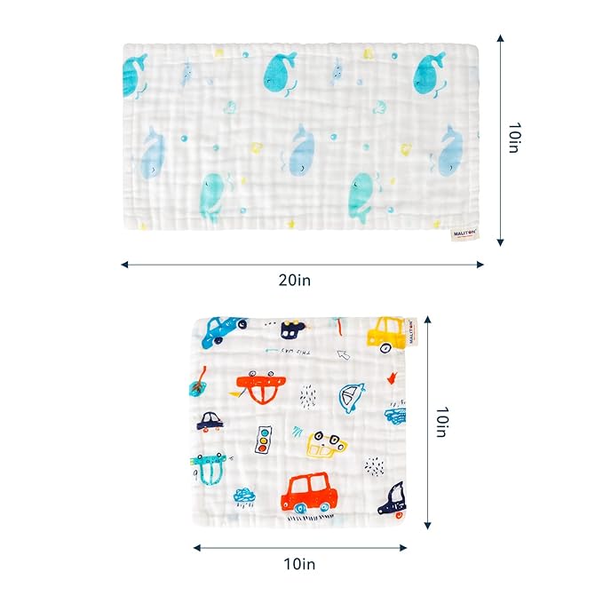 Maliton Muslin Baby Burp Cloths 6 Pack Large 20''x10'' 100% Cotton Burp Rags Absorbent and Soft 6 Layers Muslin Cloth Baby Essentials for Newborn(Animals and Cars, Pack of 6)