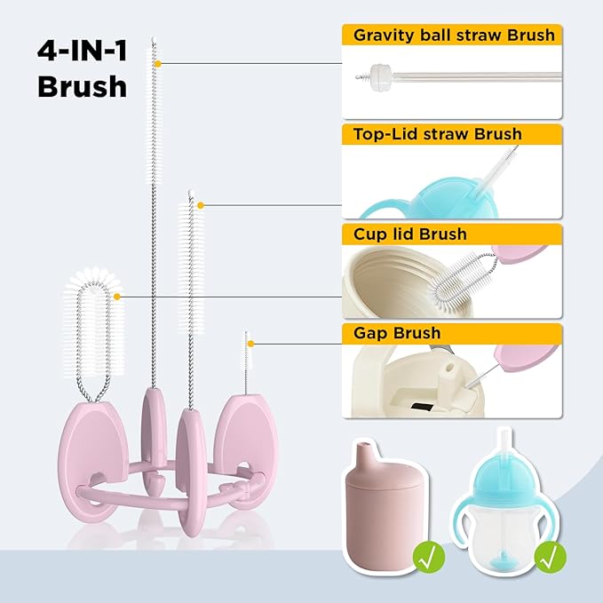 VOGOGE Baby Straw Brush Set, 4 Piece Cleaner Kit with Standable Key Ring, for Sippy Cups, Weighted Straw Cups & Baby Bottles – Designed for 0–24 Months, Pink