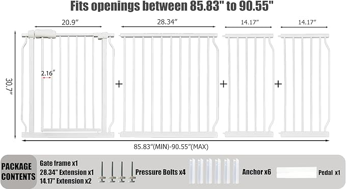 Heavy Duty Baby & Dog Safety Gate, Extra Wide 85.8-90.5 Inch,White Metal, Tension Mounted No Drilling Pet Gate for Large Openings