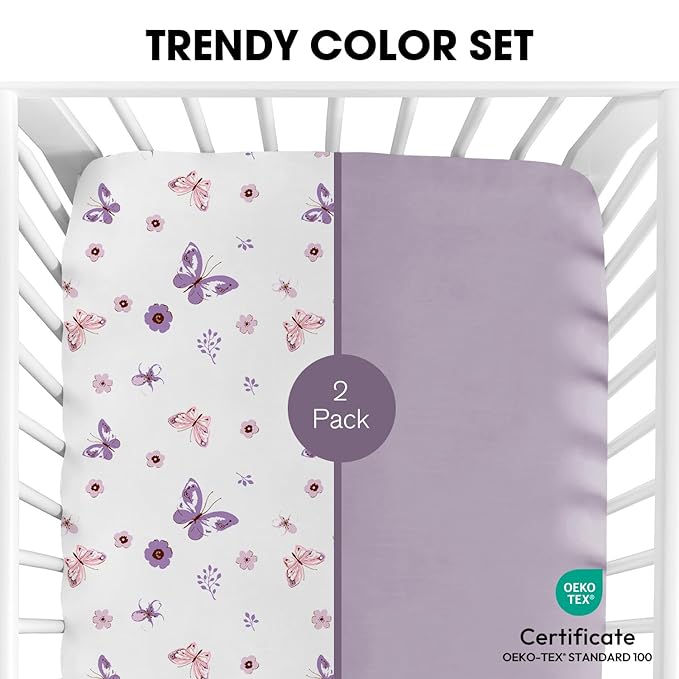 Little Grape Land Pack and Play Sheets Mini Crib Sheets Soft Breathable Pack N Play Sheets, Playard Fitted Sheet 2 Pack Stretchy Fits 38"x26" Playard Mattress, Purple Butterfly
