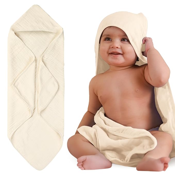 Hands-Free Hooded Towel 100% Organic Premium Muslin Cotton, 30" x 30", Ultra-Absorbent, Soft, Breathable, Hypoallergenic, Multipurpose, Gifts for Babies & Infants