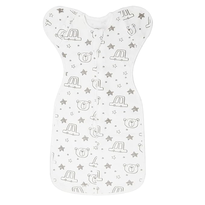 Baby Transition Swaddle Sack, Baby Swaddle Arms Up Transition Bag,Snug fit Calms Startle Reflex, Breathable Cotton Newborn Sack, 2-Way Zipper Cars & Bears (0-3 Month)