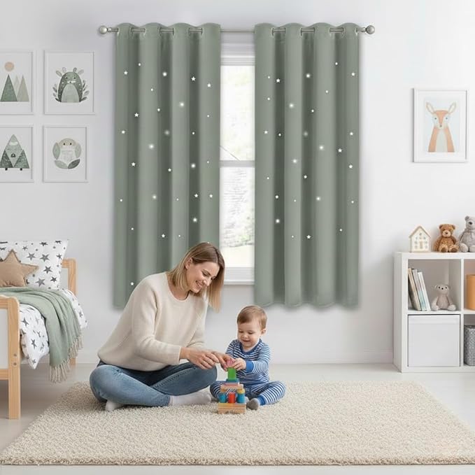 NICETOWN Nursery Curtains Hollow Out Stars, Sage Green Star Cutout Curtains for Girls' Bedroom, Thick and Soft Room Darkening Shade for Baby, (W52 x L63 Inches, 2 Panels)