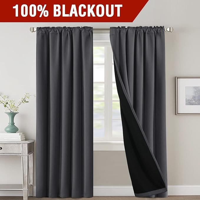 H.VERSAILTEX 100% Blackout Curtains for Bedroom with Black Liner Full Room Darkening Curtains 84 Inch Long Thermal Insulated Back Tab/Rod Pocket Window Drapes for Living Room, 2 Panels, Charcoal Grey