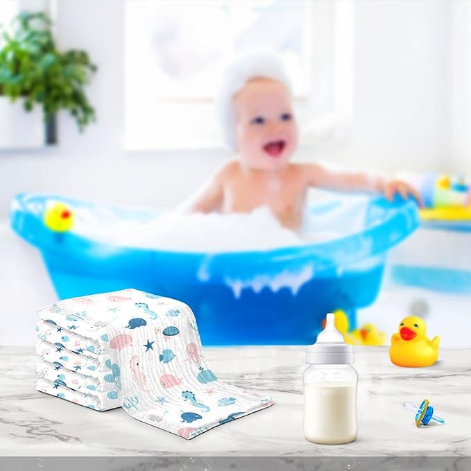 vvfelixl Baby Muslin Washcloths, Cute Sea Life Burp Cloths, Cotton Face Towel for Newborn Infants Boys Girls Soft and Absorbent 11.8 X 11.8 in, 3 Pack
