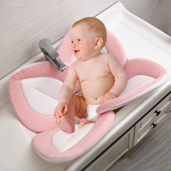 PandaEar Baby Bath Pad for Infant Newborn | Soft Flower Petals for Sink Bathtub Essentials Shower Gift (Pink)
