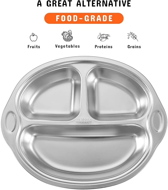 Mrs. Chou Stainless Steel Baby Suction Plates Divided Plates for Babies and Toddlers, Made of 100% Food-Grade Materials Ideal for Baby-Led Weaning BPA-Free Toddler Feeding Dishwasher Safe Orange-pink