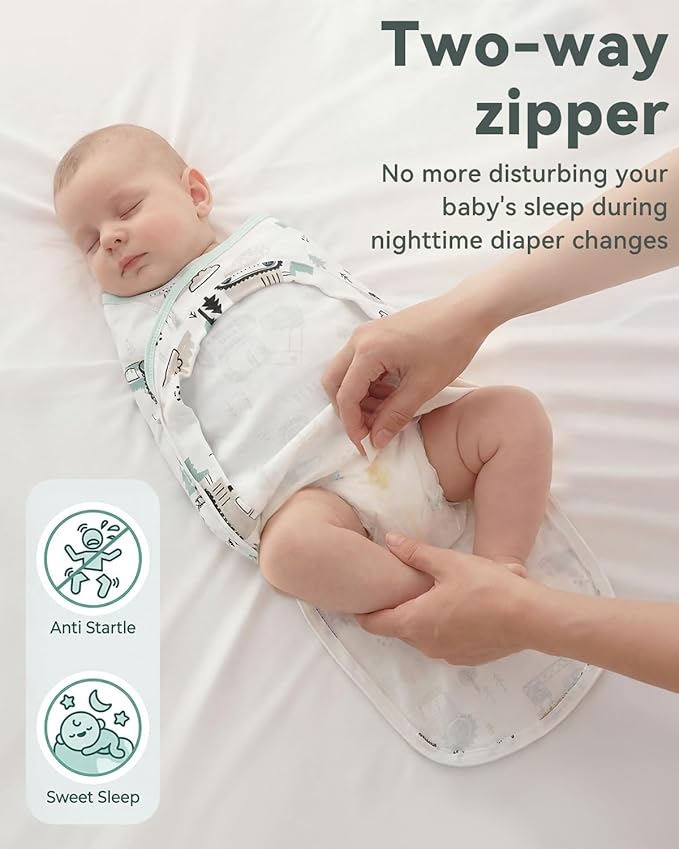Baby Swaddles for Newborns with Zipper, 100% Cotton Newborn Swaddle Sack, 3 Pack Baby Swaddles 3-6 Months Swaddle Sleep Sack for Newborn Baby Boy Girl Green Excavator