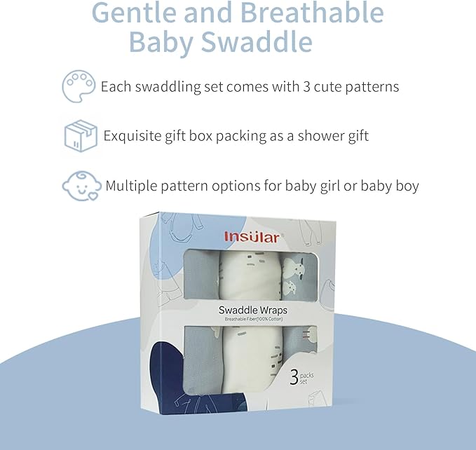 insular Baby Swaddle Wrap, Swaddle Blanket for Newborn and Infant, Adjustable Velcro Swaddling Set for Boy and Girl, Soft Cotton Baby Sleep Sack 3 Pack, Sheep, Medium(3-6 Month)