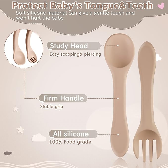 Nuenen 6 Pieces Silicone Baby Feeding Forks and Spoons Set Hot Safety First Stage Self Feeding Supplies Mini Kids Utensils for over 6 Months Babies Boy Girl Toddlers First Foods (Cream Color)