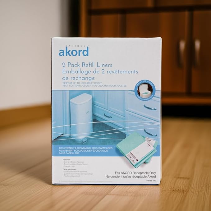 Janibell Akord 330 Adult Diaper Pail Refill Liners, 2 Count – Fits Akord Diaper Pail, Odor Locking, Easy Cut & Tie, Hands-Free Disposal, Continuous Liner – Each Liner Holds Up to 560 Adult Briefs