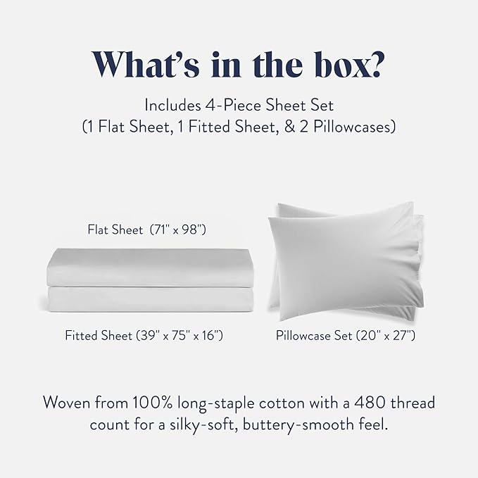 Brooklinen Luxury Sateen 4 Piece Sheet Set - 100% Cotton Bed Sheets, Soft & Durable for Twin Sheets Set in White, Oeko-TEX Certified Bedding Set, 1 Fitted Sheet, 1 Flat Sheet, 2 Pillowcases
